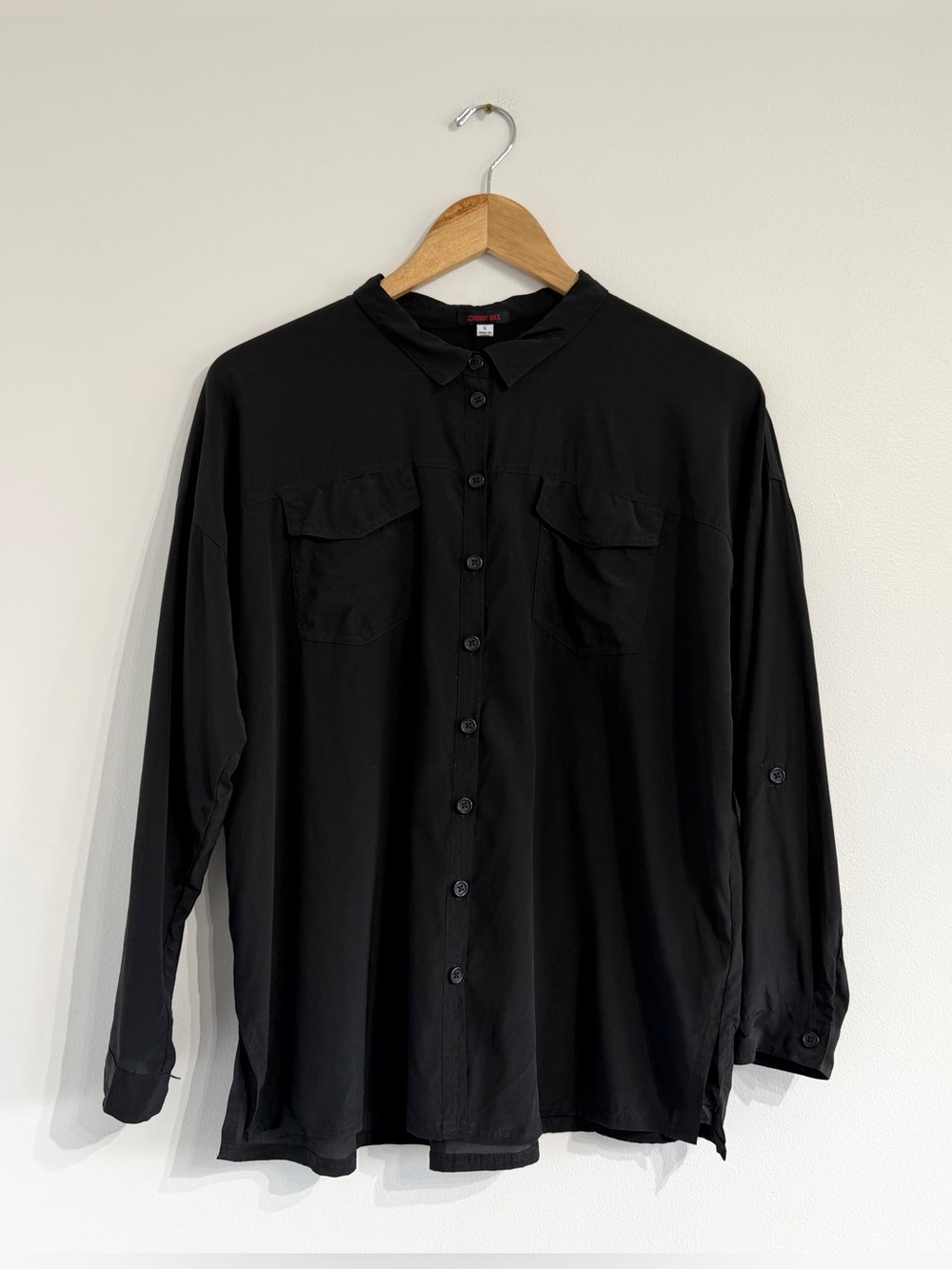 Johnny Was Black Silk Blend Roll Tab Sleeve Button Up Shirt lightweight
